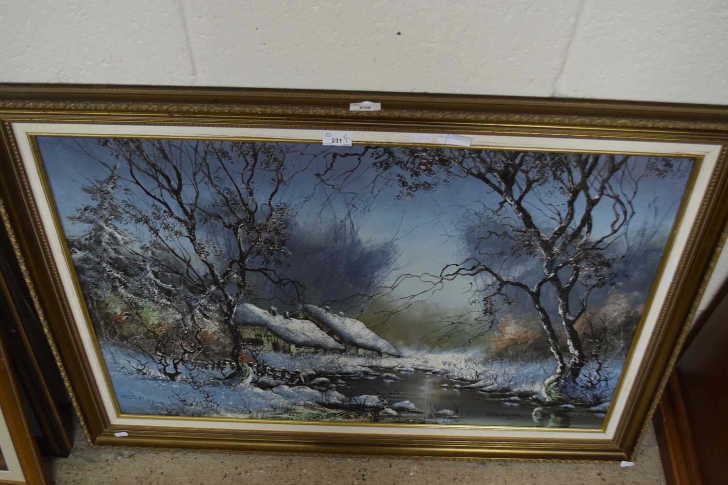 Contemporary continental school study of cottages in winter, oil on canvas, gilt framed