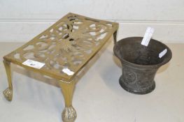 Small bronze mortar and a pierced brass trivet