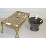 Small bronze mortar and a pierced brass trivet