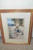 Coloured print, two children in a Mediterranean landscape