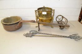 Mixed Lot: 19th Century iron and brass pan, copper saucepan, fire tools and other items