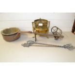 Mixed Lot: 19th Century iron and brass pan, copper saucepan, fire tools and other items