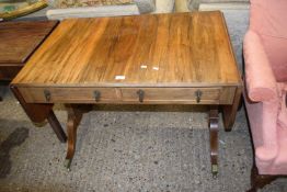 Reproduction walnut veneered sofa table with drop ends and stretcher base, 100cm wide