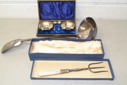 Mixed Lot: Silver plated soup ladle, silver plated salts and a bread fork