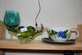 Mixed Lot: Art Glass bowl, oversized cup and saucer and a turquoise glass goblet