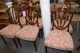 Set of six Edwardian mahogany shield back dining chairs with inlaid detail