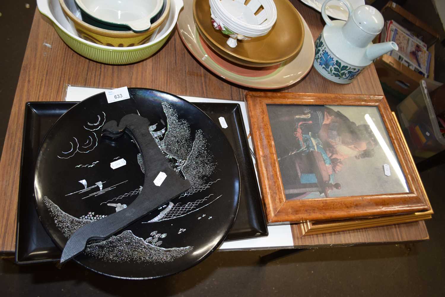 Modern Oriental black laquered charger, a monochrome print Thetford, an owl decorated serving tray