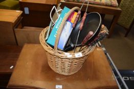 Basket of various assorted kitchen wares and other items
