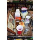 One box of various assorted vases, mantel clock etc