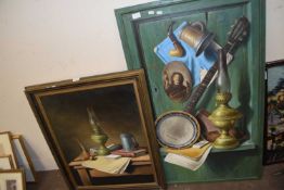 R J Wardley, two large still life studies of various objects, oil on canvas, framed