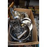 One box of various steel and silver plated kitchen wares, punch bowl with ladle and other assorted