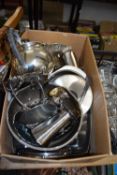 One box of various steel and silver plated kitchen wares, punch bowl with ladle and other assorted