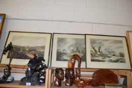 Set of three reproduction coloured shooting prints, framed and glazed