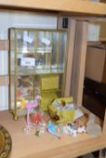 Small table top display cabinet and a collection of various glass animals