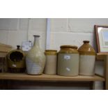 Mixed Lot: Stoneware flagon, vase, storage jars and a salt pig