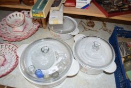 Set of three kitchen dishes and other items