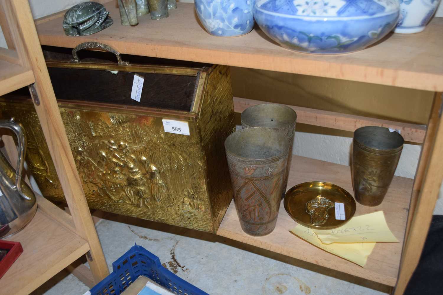 Mixed Lot: Brass mounted magazine rack, various metal tumblers etc