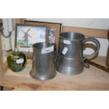 Mixed Lot: Pewter tankards, delft tile picture etc