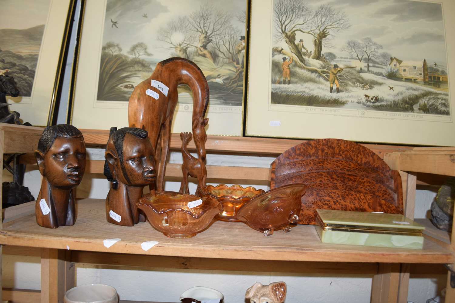 Mixed Lot: African carved figures, letter rack, polished stone cigarette box, Carnival Glass items
