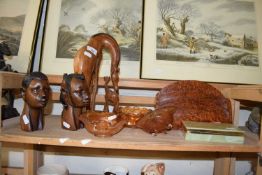 Mixed Lot: African carved figures, letter rack, polished stone cigarette box, Carnival Glass items