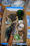 Box of various ornaments to include a bronzed resin model of a woodpecker