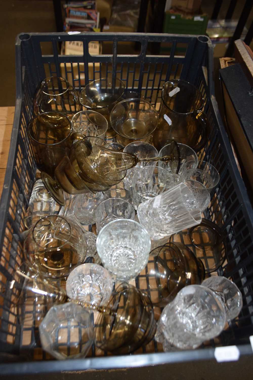 Box of various assorted drinking glasses