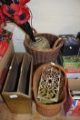 Mixed Lot: Brass mounted magazine rack, brass trivet, fake flowers and assorted baskets