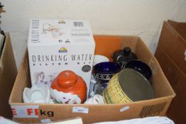 Box of various assorted house clearance ceramics and glass wares to include a drinking water filter