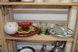 Mixed Lot: Red glass bowl, various other glass dishes, candlesticks, rose bowl, Studio Pottery