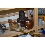 Mixed Lot: Carved wooden bust of a fisherman together with a wooden tobacco jar, fire poker and