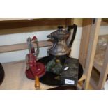 Mixed Lot: Silver plated hot water jug, metal dressing table box, a worktop slicer and other items