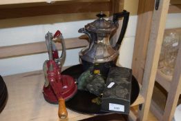 Mixed Lot: Silver plated hot water jug, metal dressing table box, a worktop slicer and other items