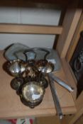 Silver plated egg cruet and dressing table mirror and brush