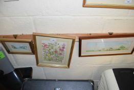 Framed study of wild flowers together with two further coloured prints