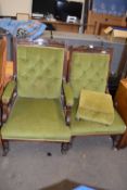 Late Victorian button upholstered gents armchair and matching nursing chair plus a unrelated