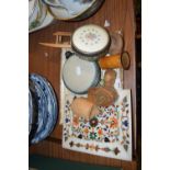 Mixed Lot: A modern inlaid Indian marble wall plaque, small tray, various wooden wares etc