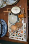 Mixed Lot: A modern inlaid Indian marble wall plaque, small tray, various wooden wares etc