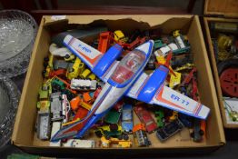 One box of various assorted toy vehicles to include a large Piper Club plane