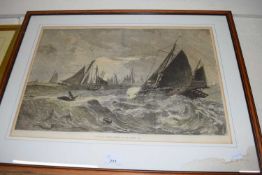 Coloured engraving Yarmouth Fishing Smacks in the North Sea, framed and glazed