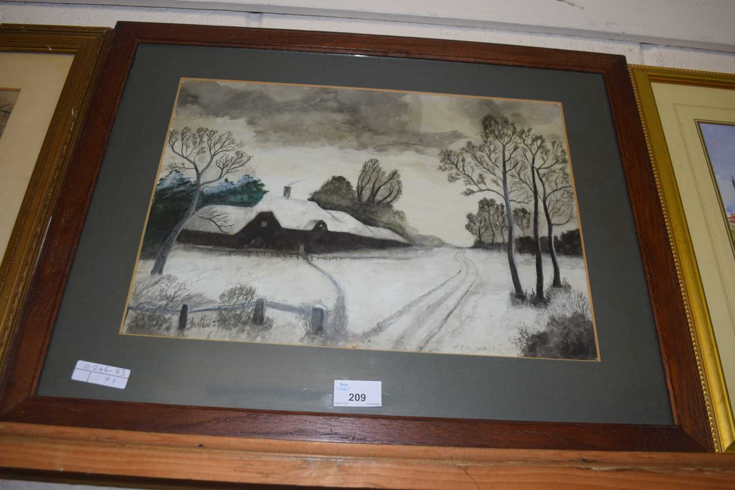 Study of a cottage in winter, watercolour, initialed 'FCF' and dated 1919, framed and glazed