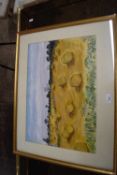 20th Century school study of harvest field, watercolour, framed and glazed