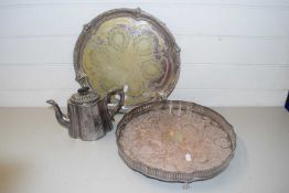 Two silver plated serving trays and a silver plated kettle