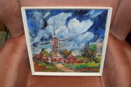 John Trudgill (British, 20th century) acrylic on board, windmill scene, signed, framed, 14x14.5 ins