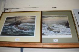 After Mick Bensley - Two coloured prints, Cromer Lifeboat and one other, framed and glazed