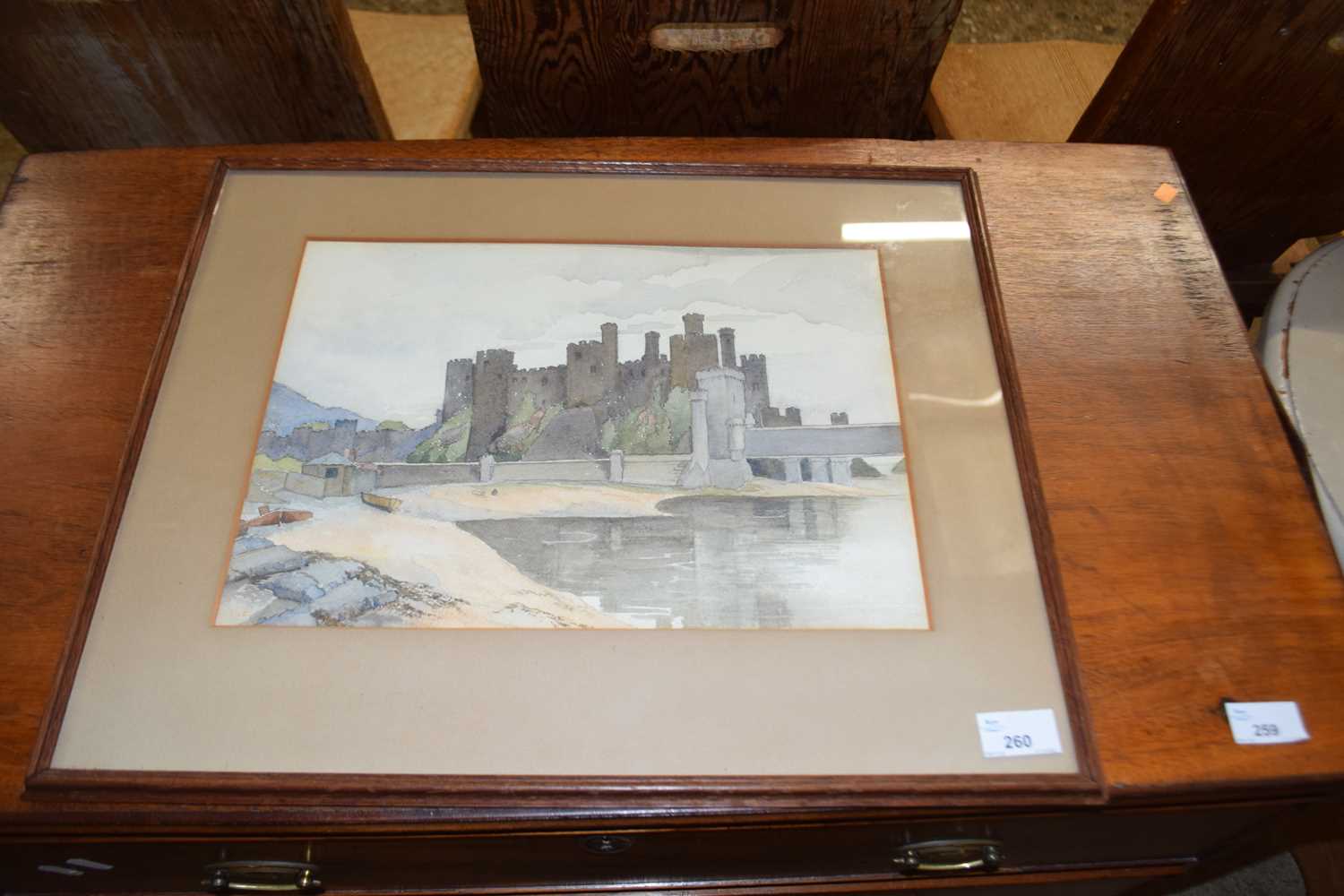 20th Century school study of a castle, watercolour, indistinctly signed, framed and glazed