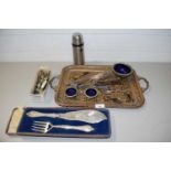 Mixed Lot: Brass serving tray, various silver plated cutlery, fish servers and other items