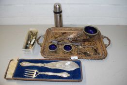 Mixed Lot: Brass serving tray, various silver plated cutlery, fish servers and other items