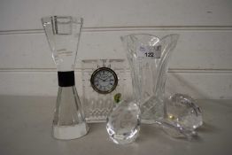 Collection of Waterford crystal and other glass items to include a small mantel clock, vases, clam