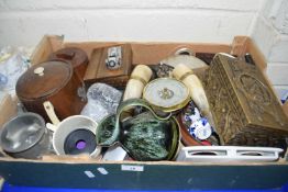 Box of mixed items to include barometer, biscuit barrel, pestle and mortar and many other items