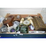 Box of mixed items to include barometer, biscuit barrel, pestle and mortar and many other items